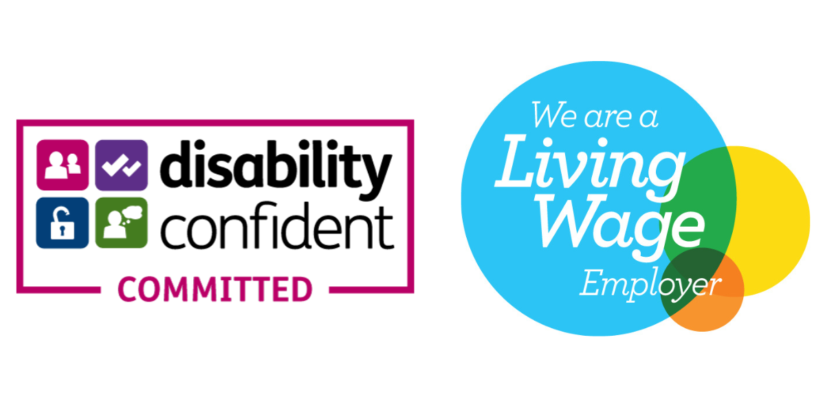 Disability confident committed and living wage employer logos