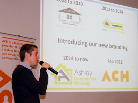 Matt Rogers presenting new branding for Ashley Community Housing