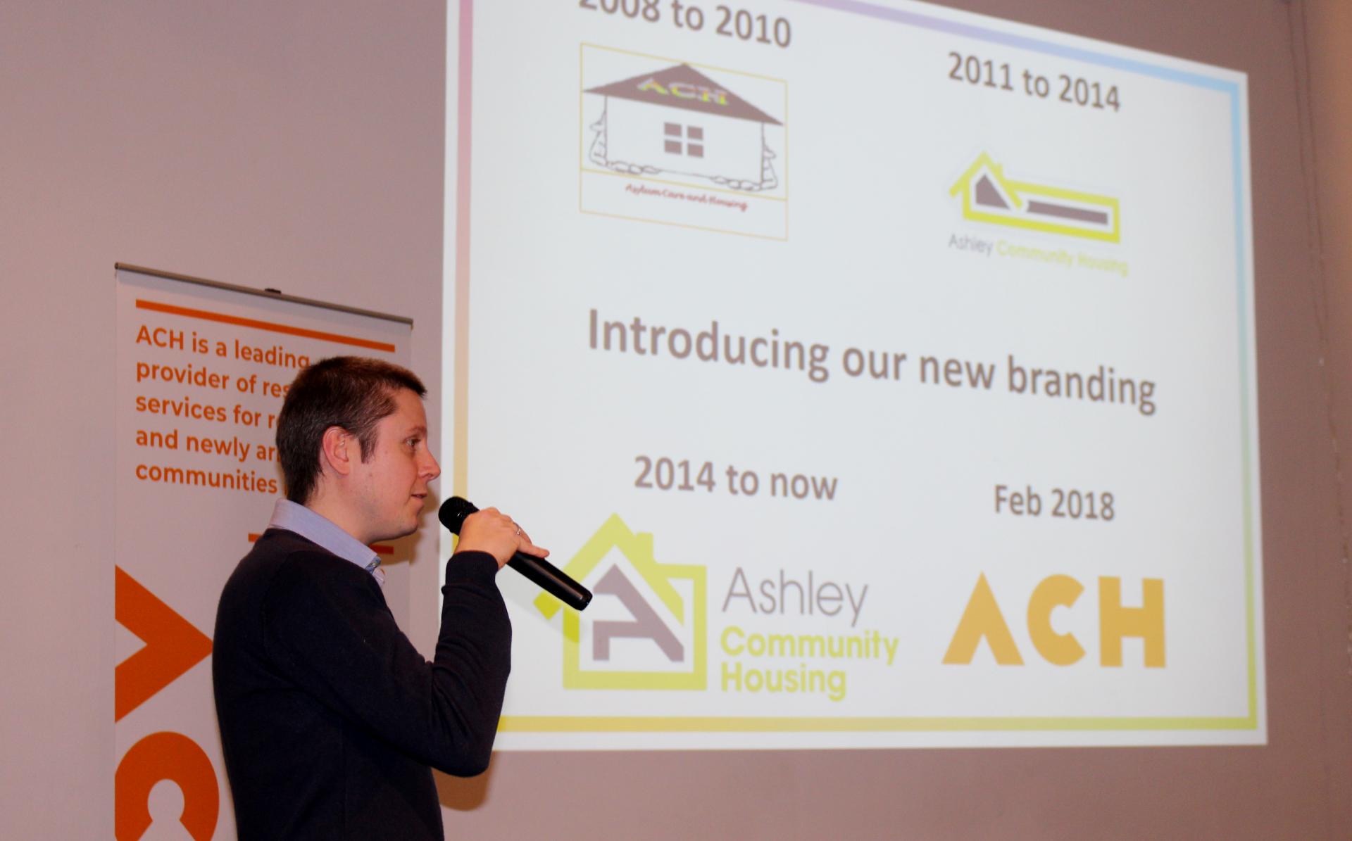 Matt Rogers presenting new branding for Ashley Community Housing