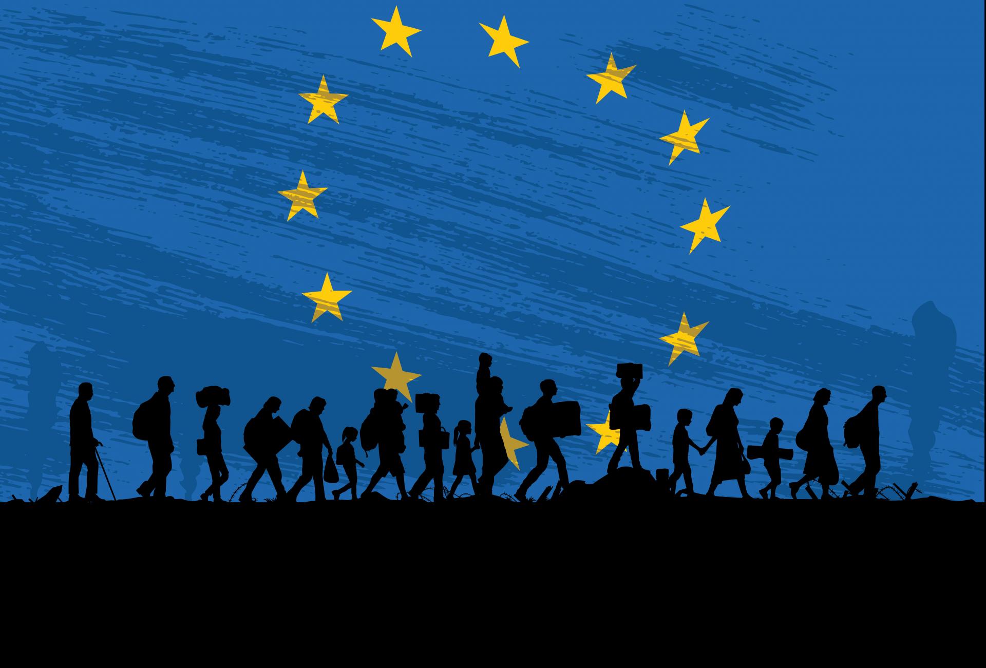 Silhouette of a group of refugees walking with flag of Europe as a background