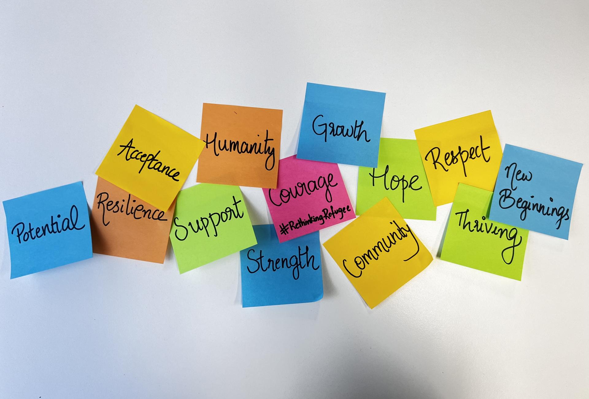 An arrangement of colourful sticky notes displayed words like 'courage', 'community', 'support' etc.